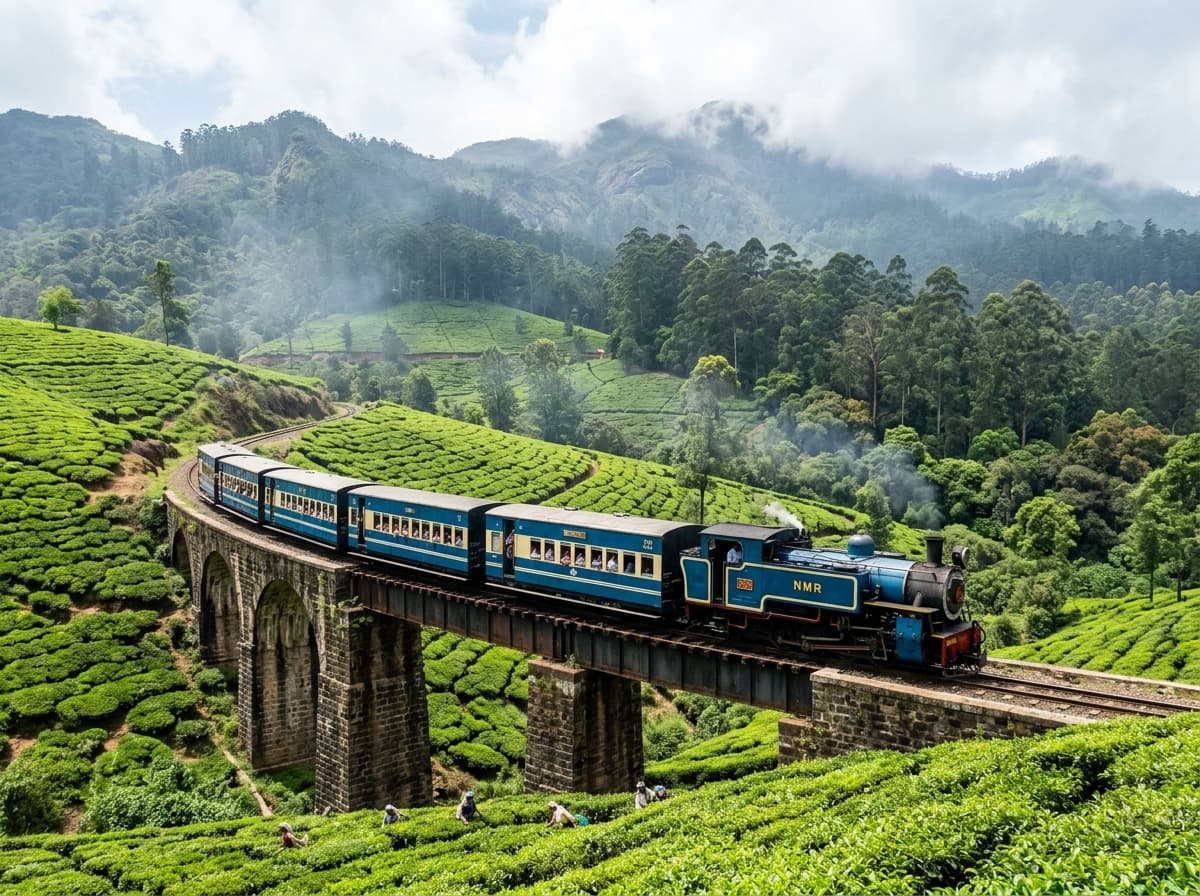 Heritage blue mountain train crossing viaduct in green tea hills