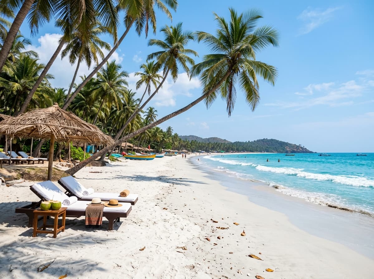 Pristine white sand beach with leaning coconut palms and ocean view