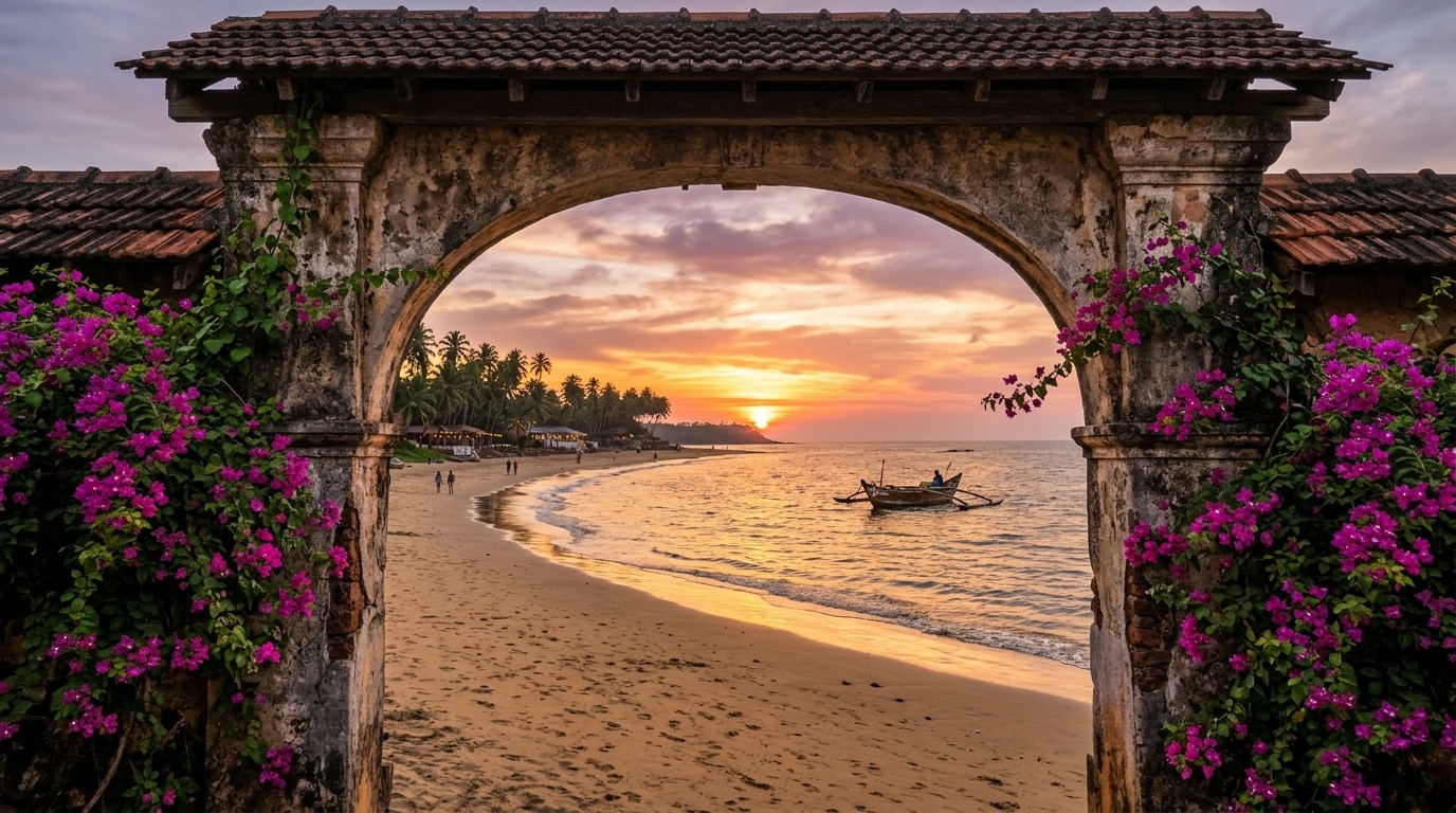 Goa sunset beach and boat framed through historic Portuguese stone archway with bougainvillea