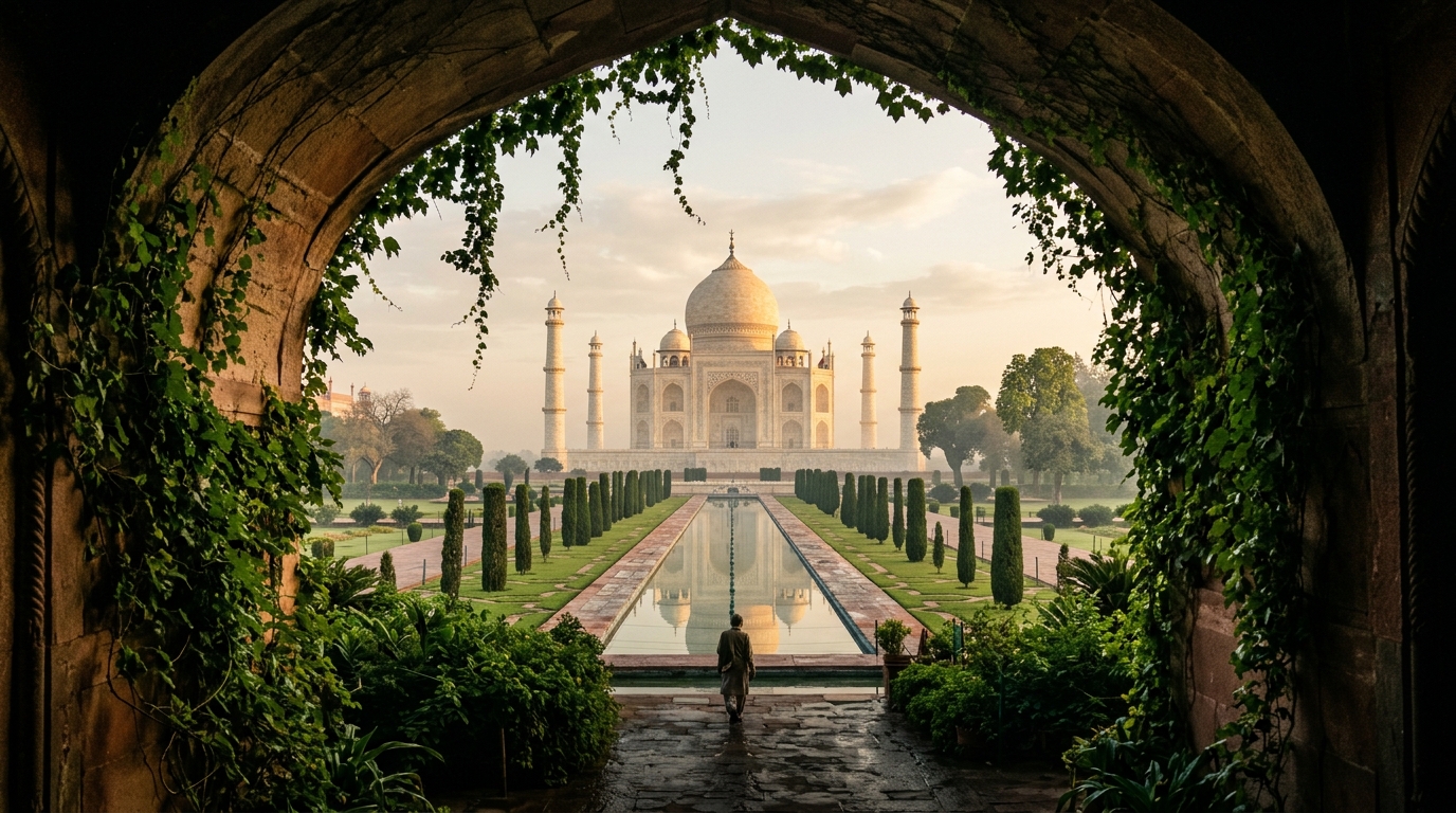 Majestic Taj Mahal framed by an ancient ivy-covered stone archway at sunrise