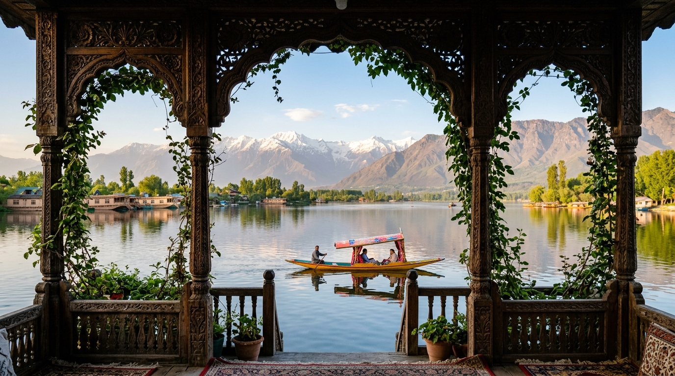 Kashmir Dal Lake shikara framed through ornate wooden jharokha with snow mountains