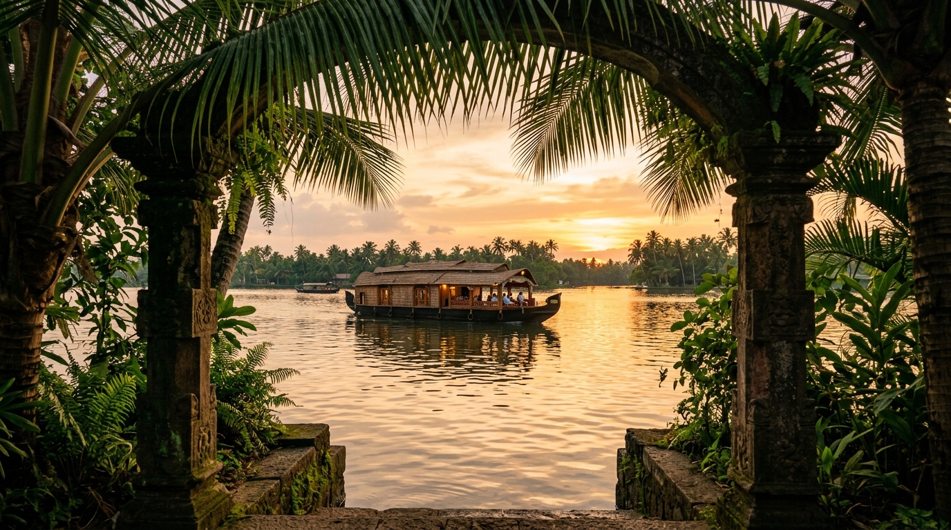 Kerala backwaters luxury houseboat gliding under tropical palm stone archway at sunset
