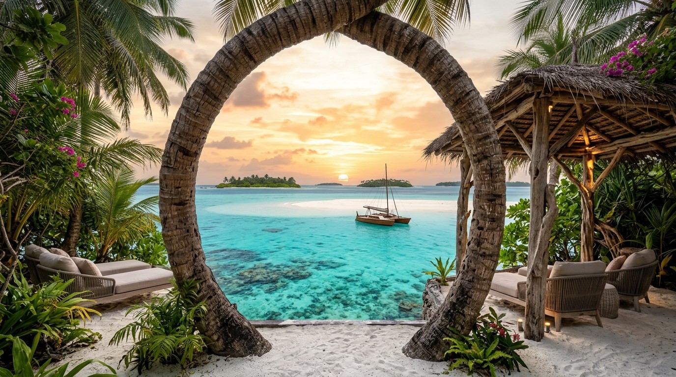 Lakshadweep turquoise lagoon and catamaran framed under curved palm trunk archway at sunset